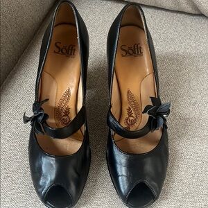 Women's Black Leather Peep Toe Heels